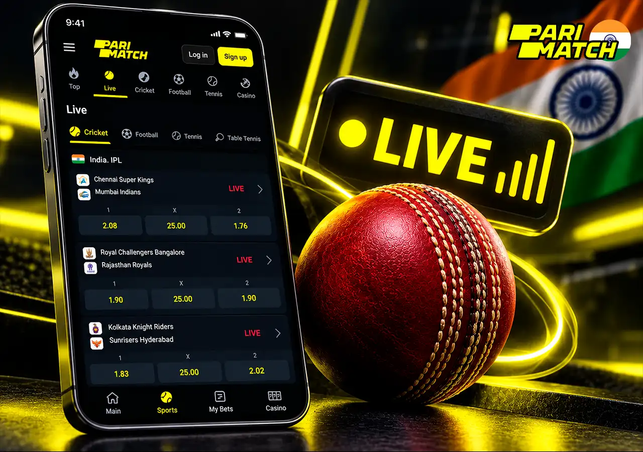 Live cricket markets on mobile with a cricket ball and in-play betting symbol.