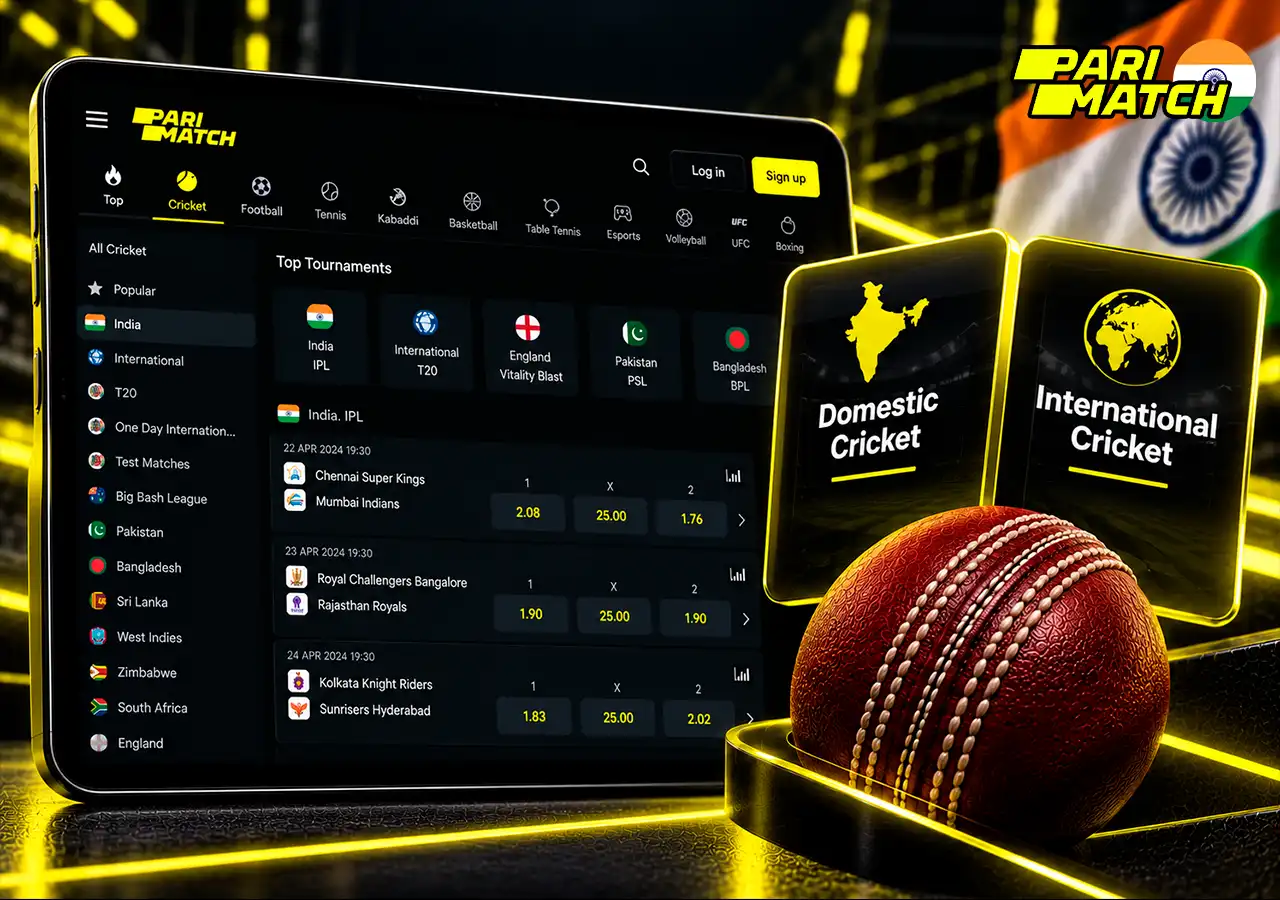 Cricket sportsbook on tablet with domestic and international match category markers.